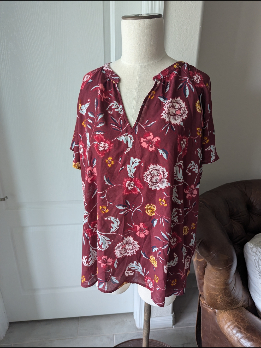 Old Navy Burgundy Floral Split-Neck Blouse